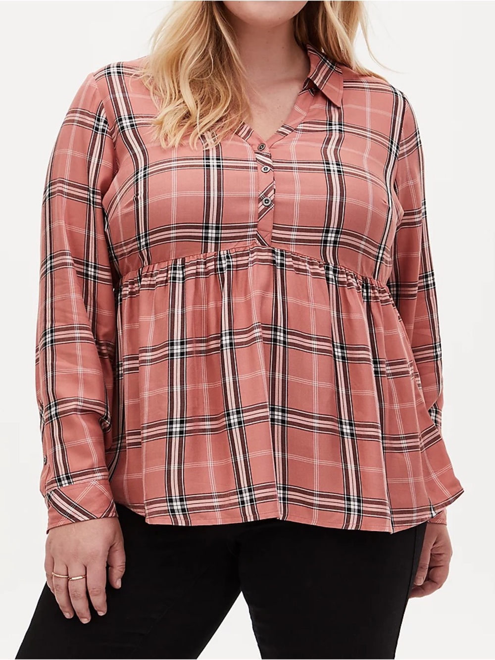 Torrid Pink Coral Plaid Peplum Blouse Button-Up Shirt